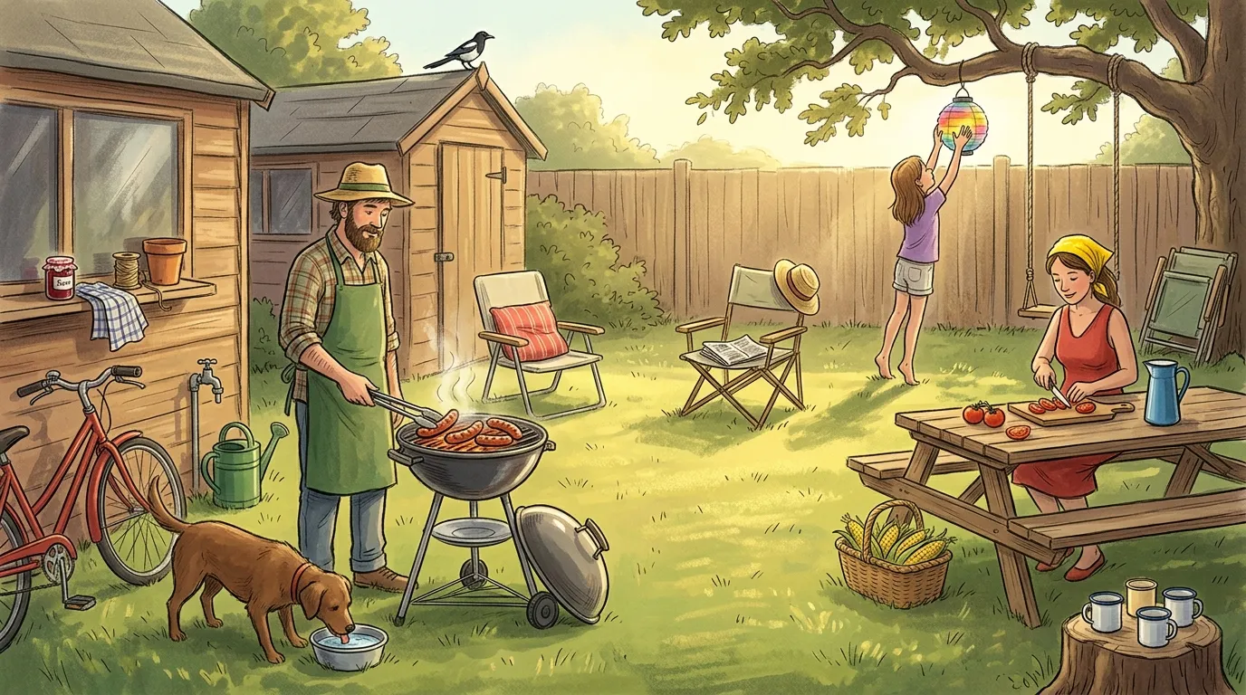 Ręcznie rysowana scena: rodzinny grill w ogrodzie z rowerem, psem, huśtawką i drewnianym stołem
